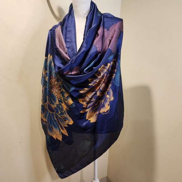 Large Floral Silk Feeling Scarf in Navy and Gold - Picture 1 of 8